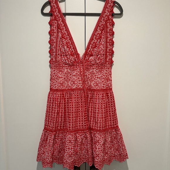 SIMKHAI Red Stripe Eyelet Gathered Mini Dress - Picture 2 of 5